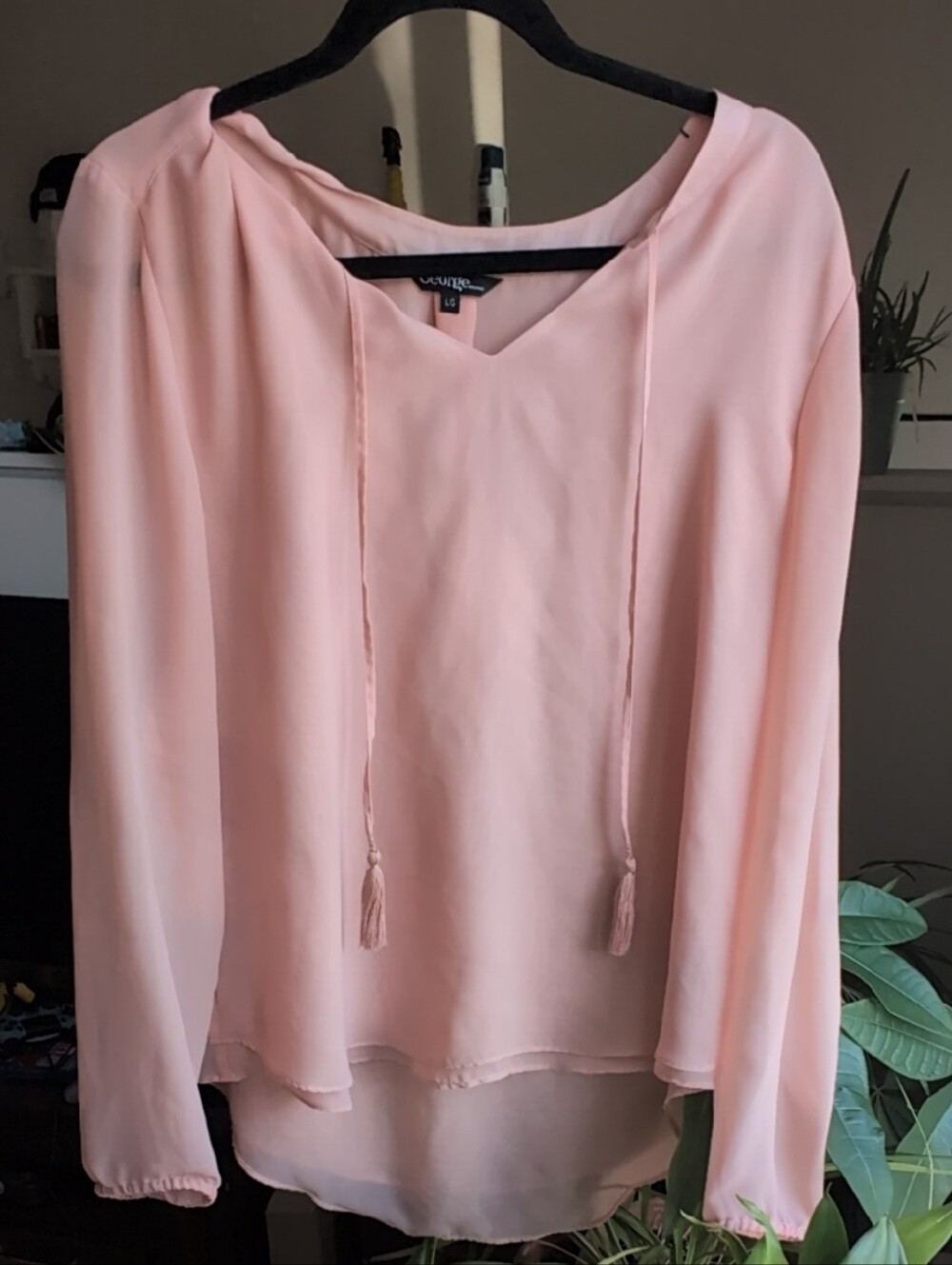 Peachy/Blush Pink V-Neck Long-Sleeve Blouse with Tassel Ties